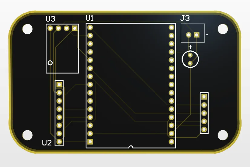 Altium 3D render of the anemometer control board — an ESP32 module across the centre, pin headers down both sides, and a two-pin power connector.