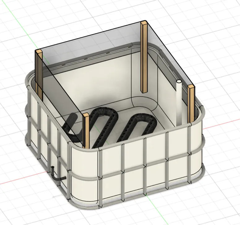 Fusion 360 render of the 1/10-scale microfarm — a caged open-top enclosure with corner posts and a serpentine coil across the floor.